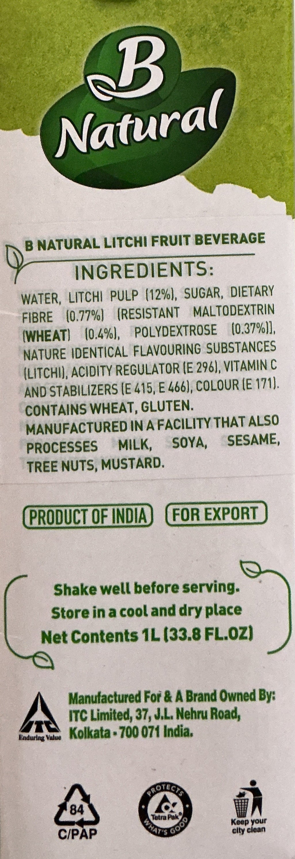 B Natural Juice Litchi 1ltr