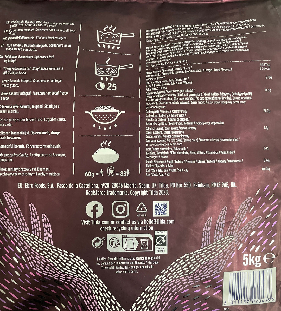 Tilda Rice Basmati Brown Gluten Free 5Kg