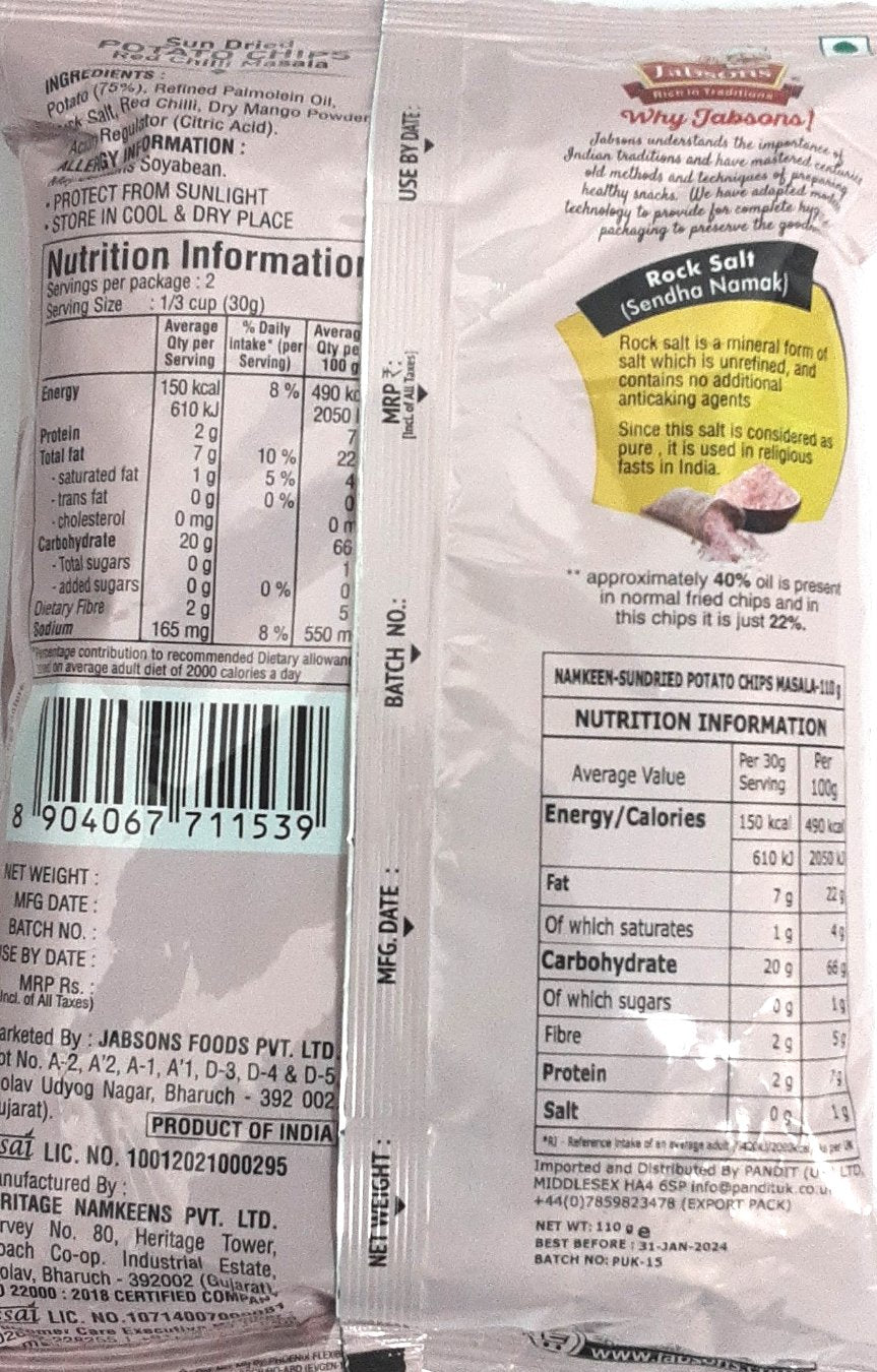 Jabsons Potato Chips Red Chilli Masala 110g
