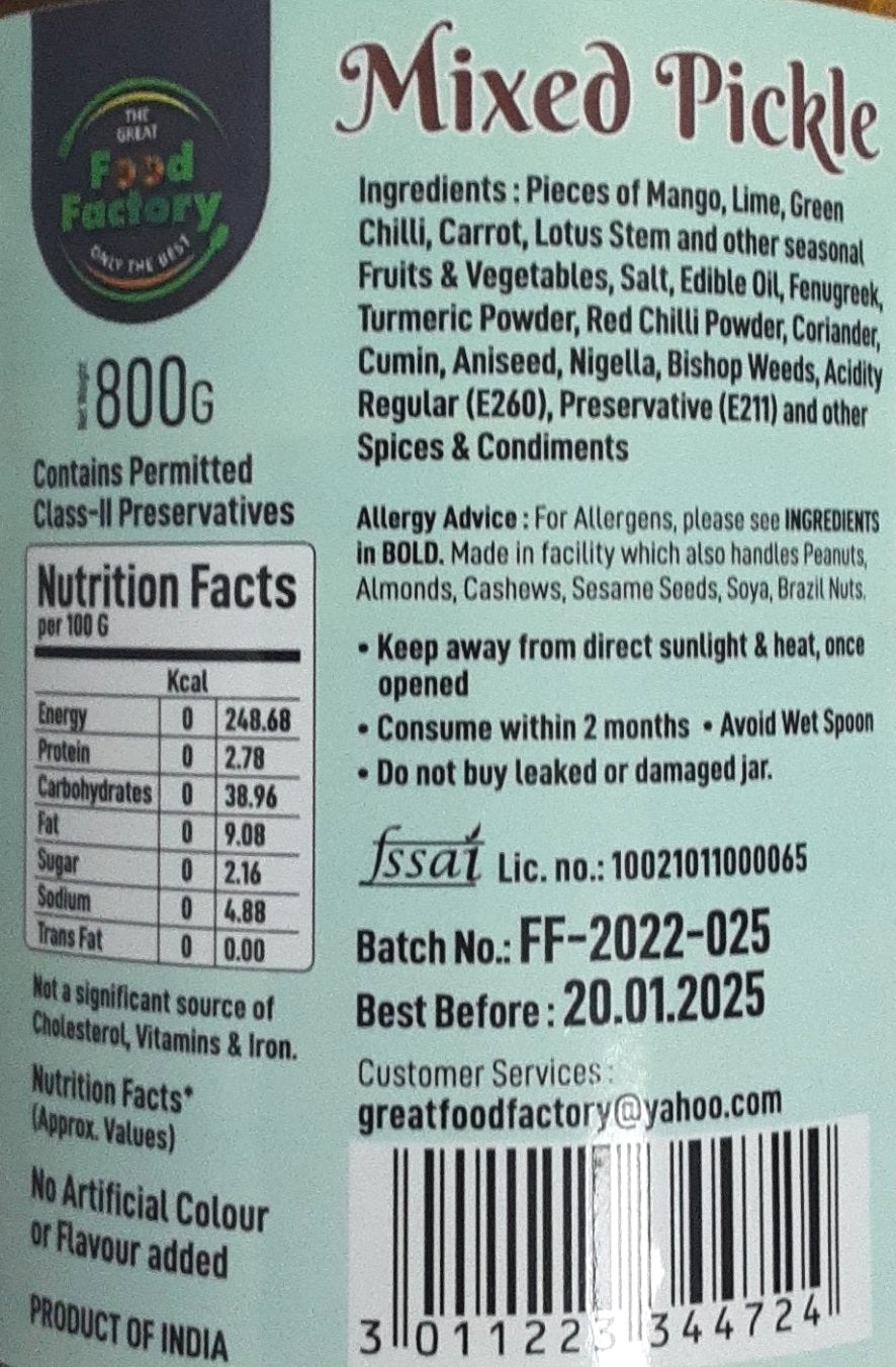 Food Factory Pickle Mixed 800g