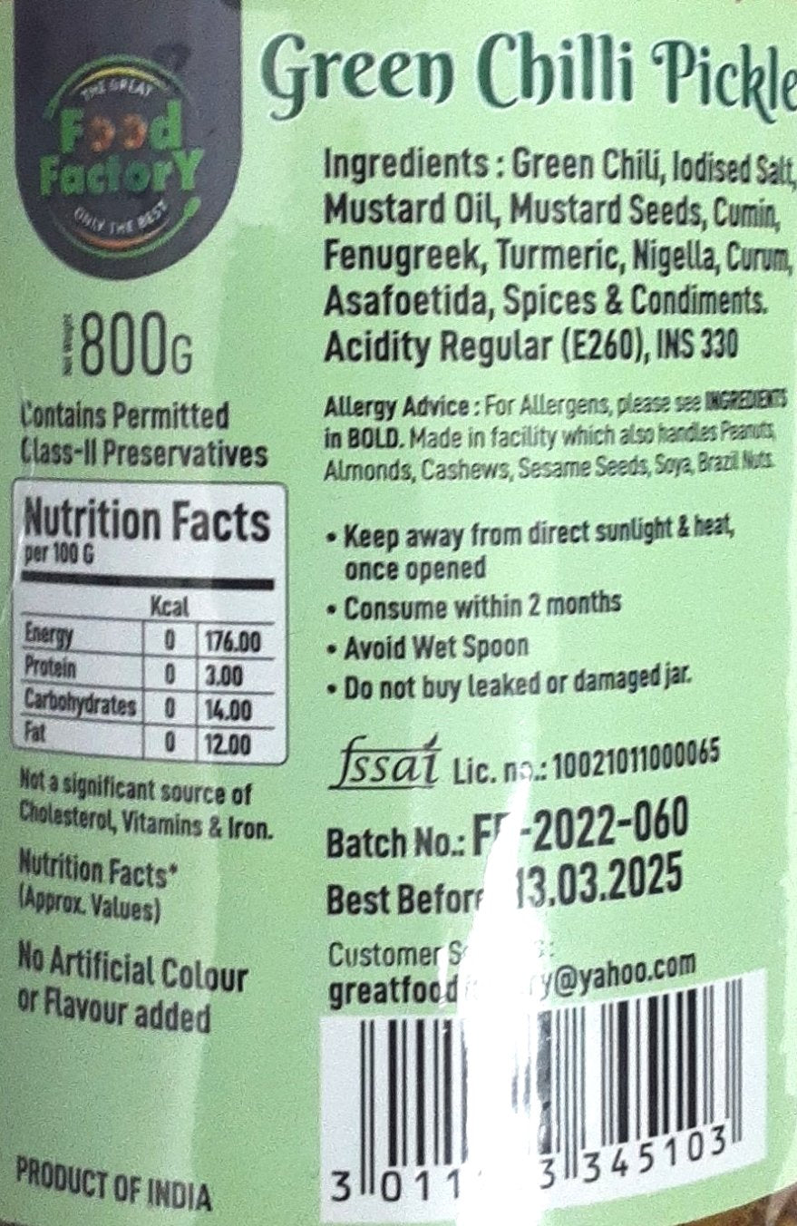 Food Factory Pickle Green Chilli Marwadi 800g