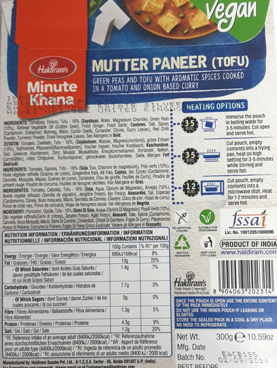 Haldirams Minute Khana Mutter Paneer Tofu Vegan 300g