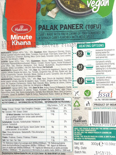 Haldirams Minute Khana Palak Paneer Tofu Vegan 300g