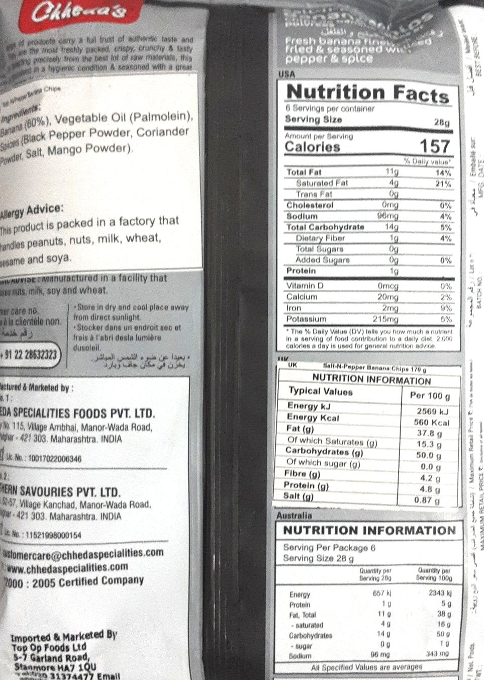 Chhedas Banana Chips Salt & Pepper 170g