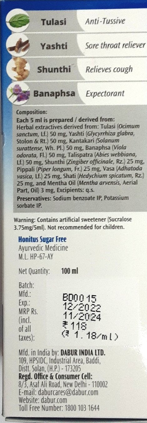 Dabur Honitus Sugar Free Herbal Cough Syrup 100ml