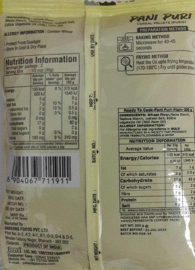 Jabsons Pani Puri Raw Far Far Golgappa 200g