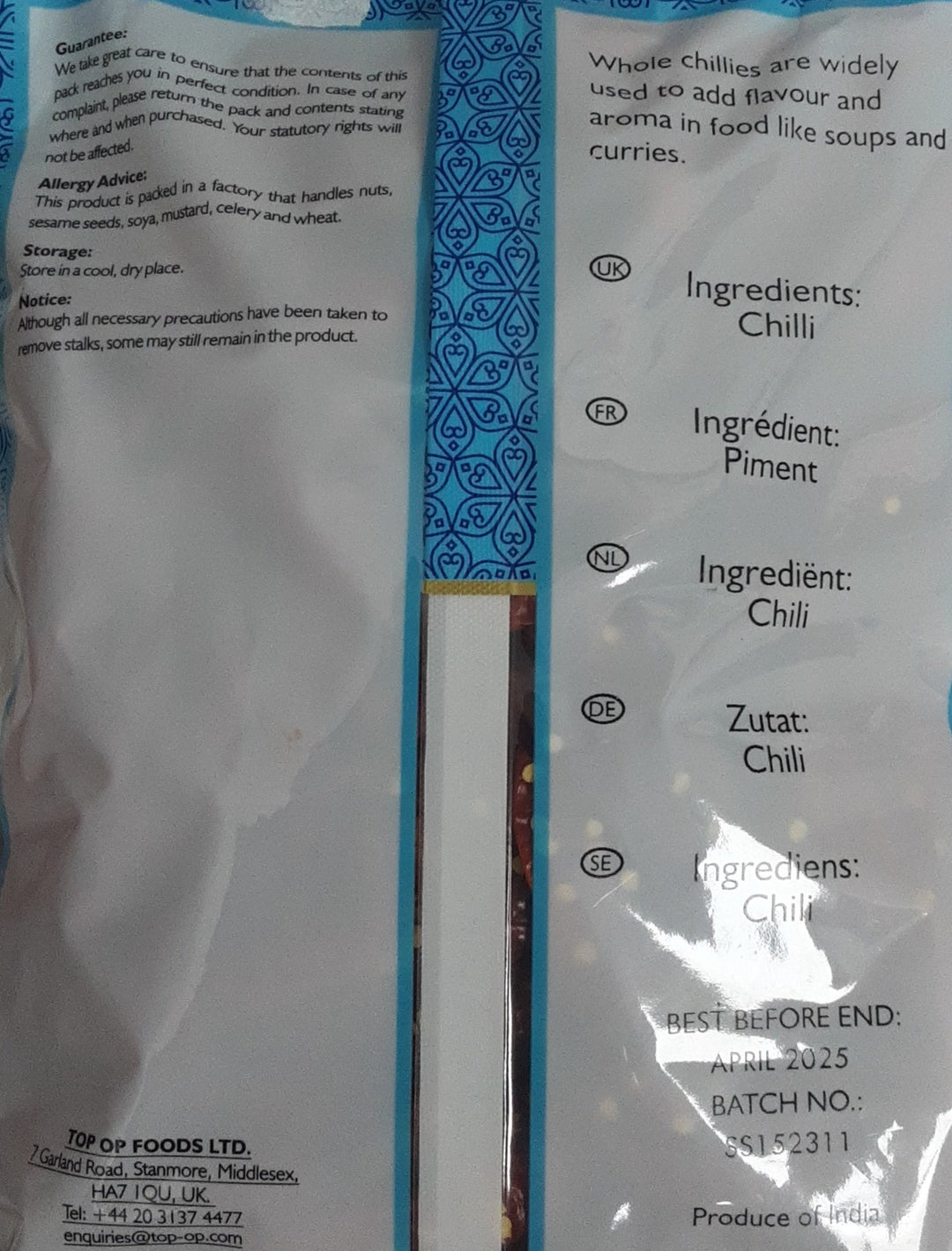 Top Op Chillies Whole Dandicut 250g