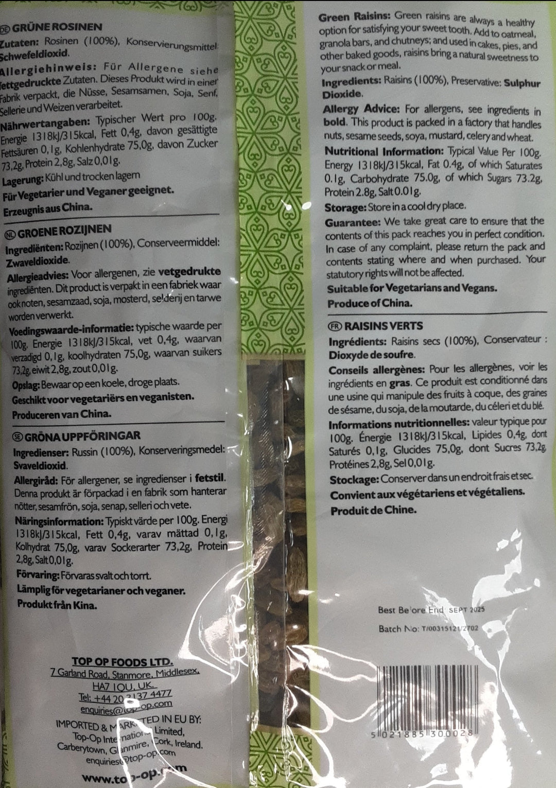 Top Op Green Raisins 750g