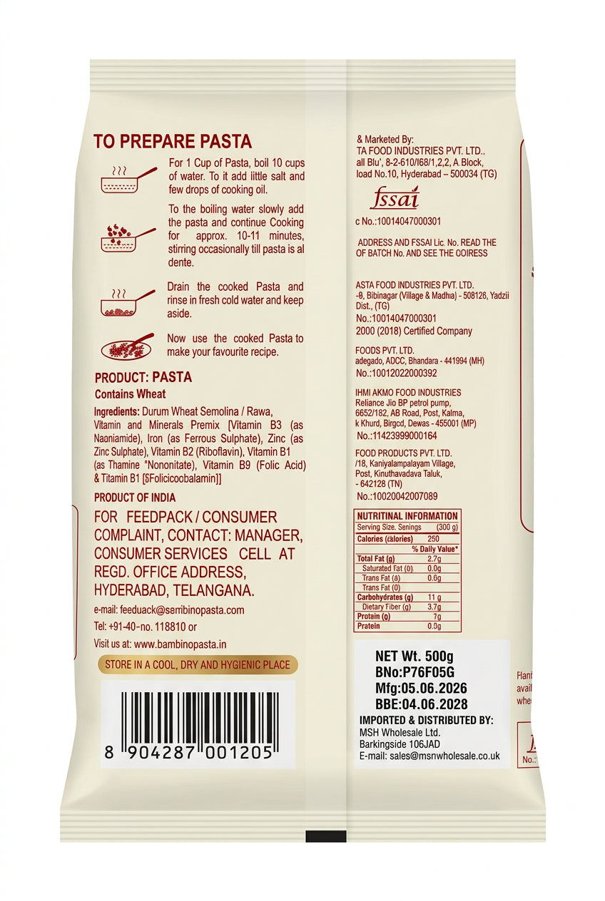 Bambino Macaroni Pasta Elbow Durum Wheat  500g