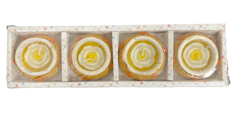 Clay Designer Diyas With Flower Wax Candles Design 2 4pk