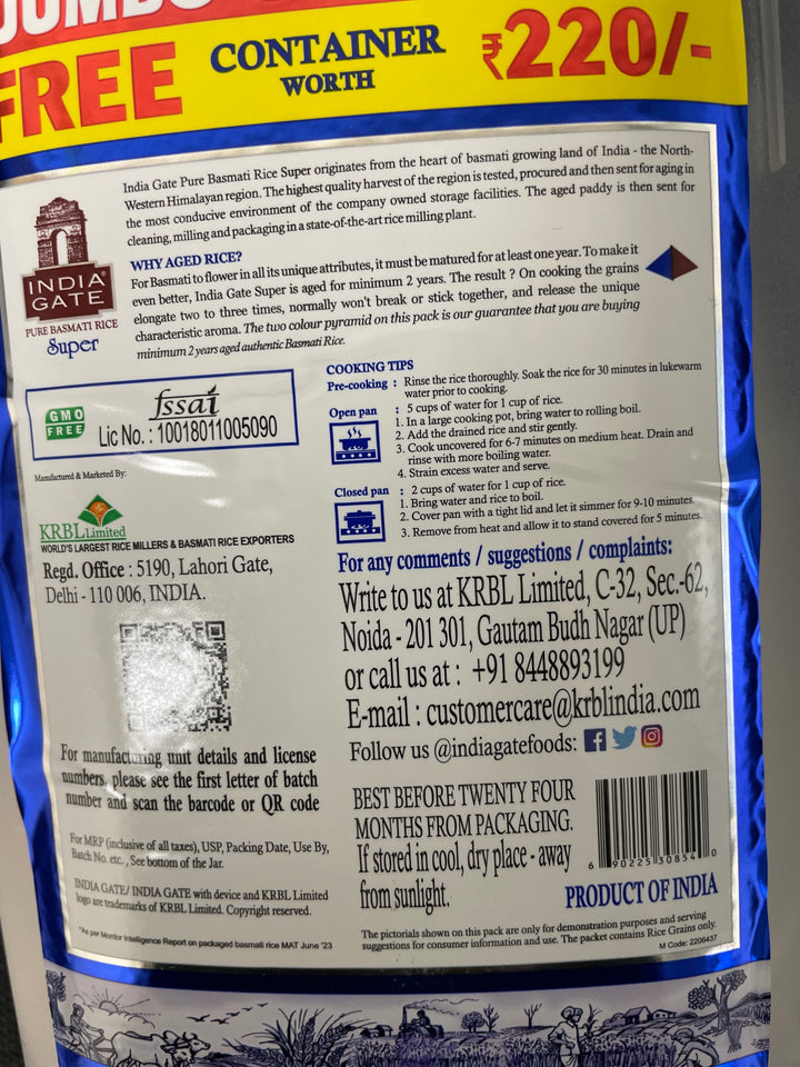 India Gate Rice Basmati Pure 2Kg With Free Container