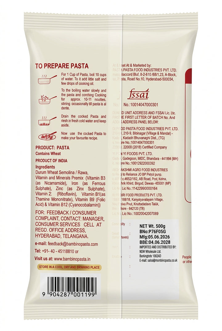 Bambino Pasta Macaroni Spiral Durn Wheat 500g