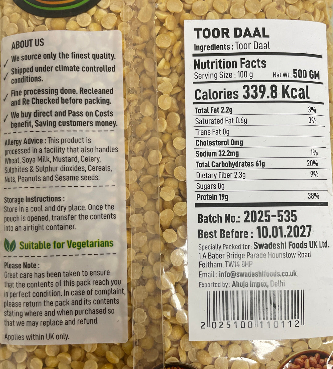 Food Factory Lentils Toor Dall Indian 500g
