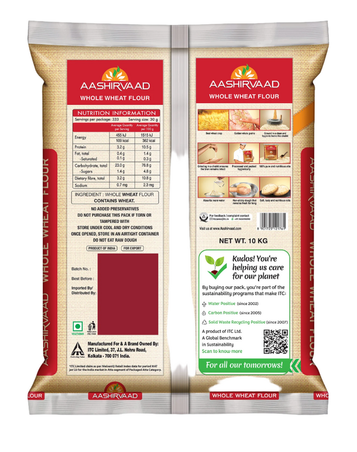 Aashirvaad Flour Whole Wheat Chakki Atta 10kg 2x5kg BBE 13 SEP 2025 - ExoticEstore