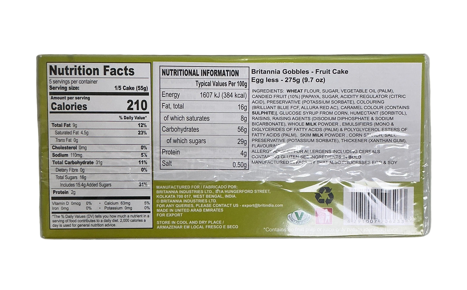 Britannia Fruit Cake Gobbles Eggless 275g PM - ExoticEstore