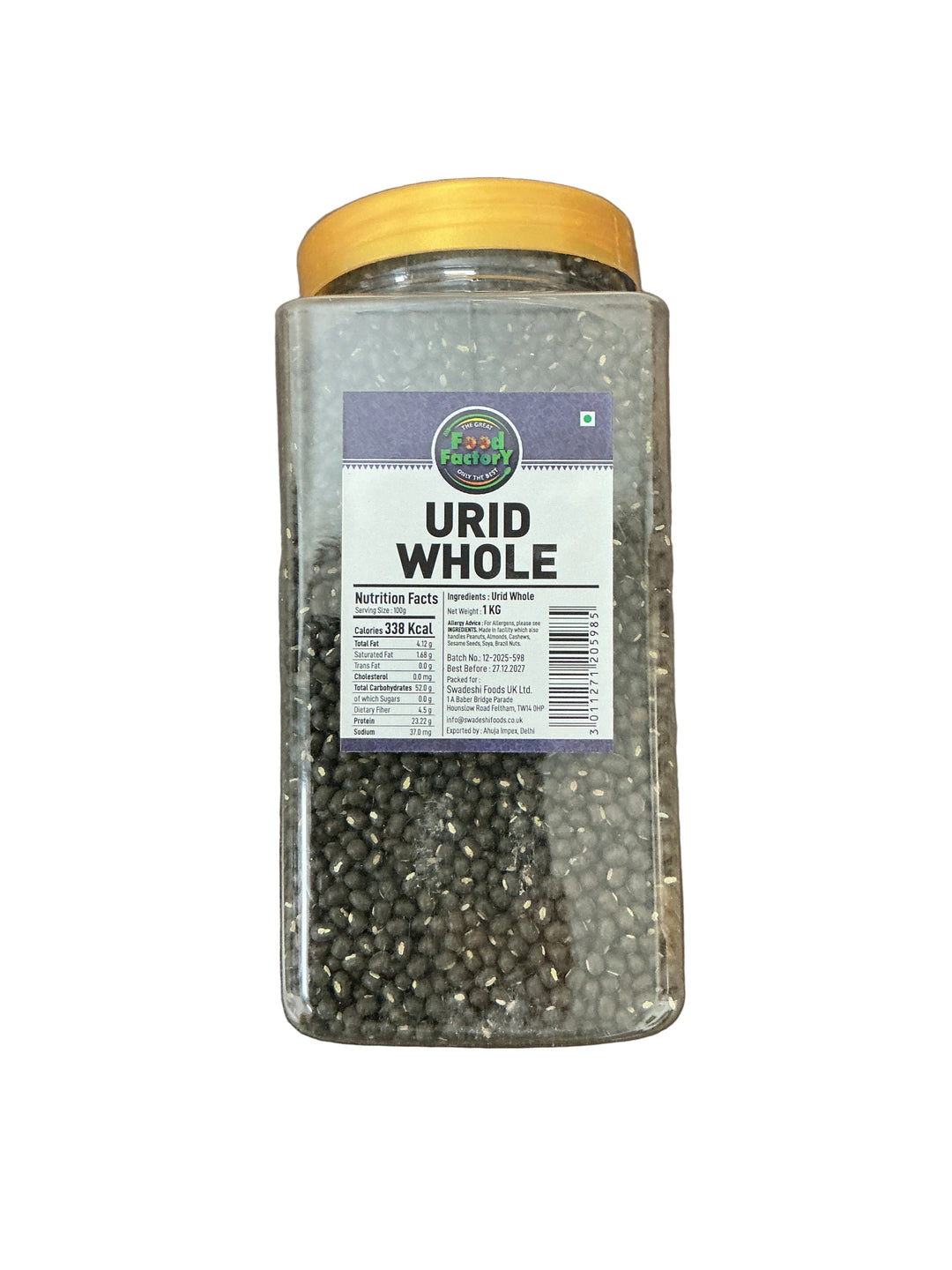 Food Factory Lentils Beans Urid Whole In Jar Indian 1kg