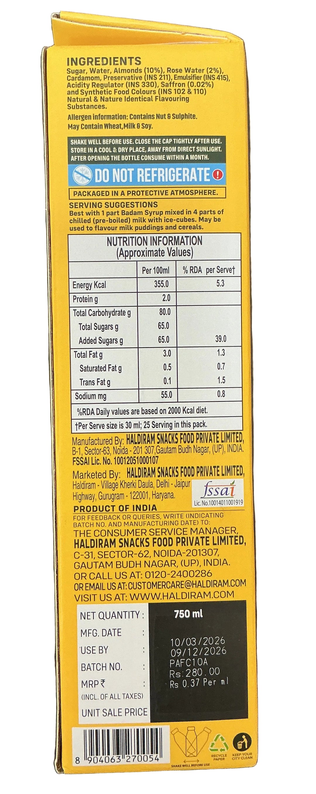 Haldirams Summer Coolers Badam Kesar 750ml