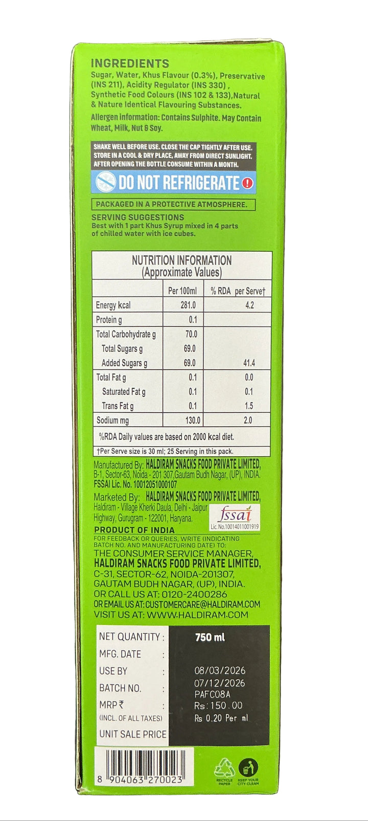 Haldirams Summer Coolers Khus Syrup 750ml