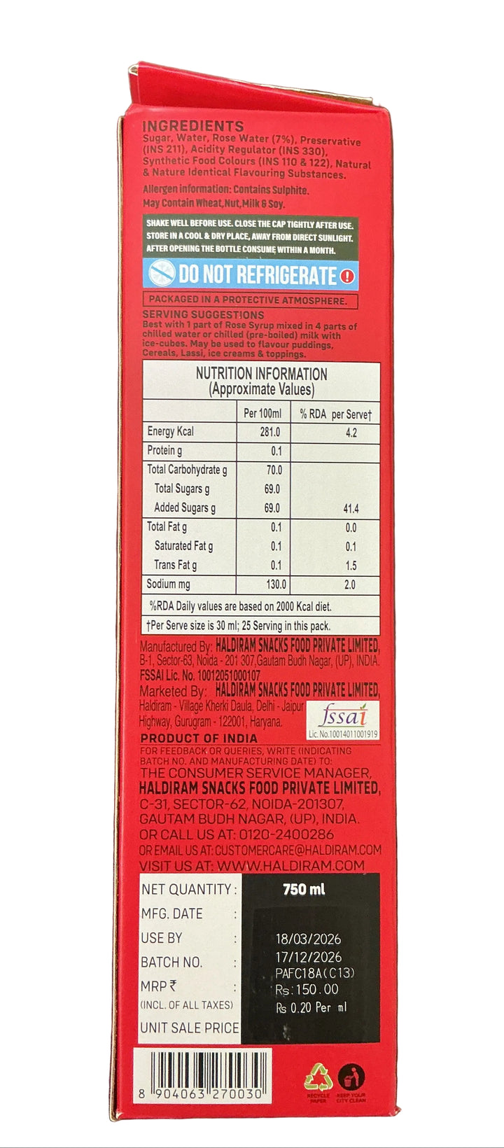 Haldirams Summer Coolers Rose Syrup 750ml