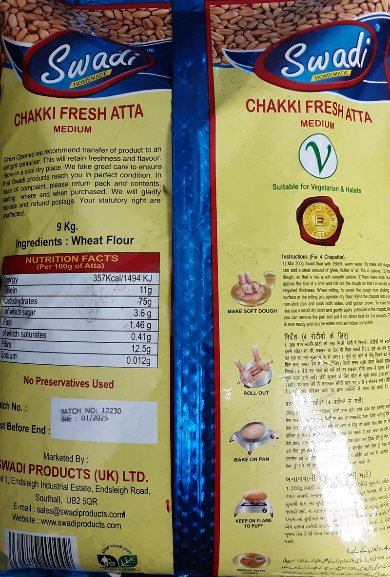 Swadi Flour Chakki Fresh Atta Medium 9Kg May 2025.