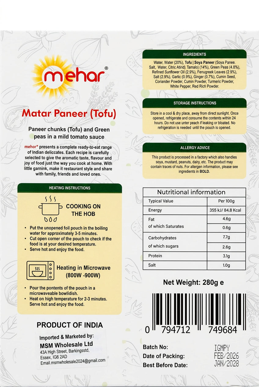Mehar Ready Meal Matar Paneer Tofu 280g