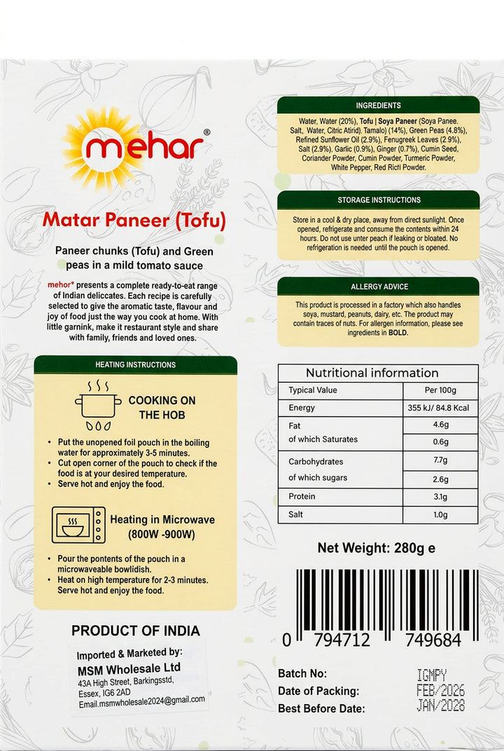 Mehar Ready Meal Matar Paneer Tofu 280g