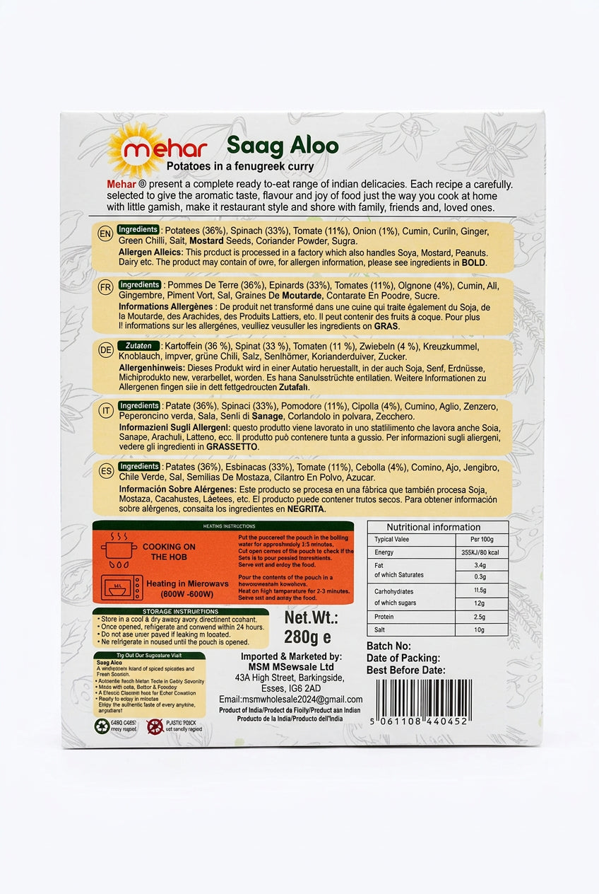 Mehar Ready Meal Saag Aloo 280g