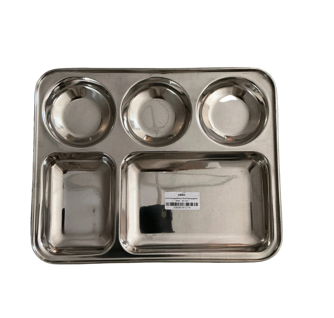 Vego Stainless Steel 5 Compartment Thali Rectangular 33cm