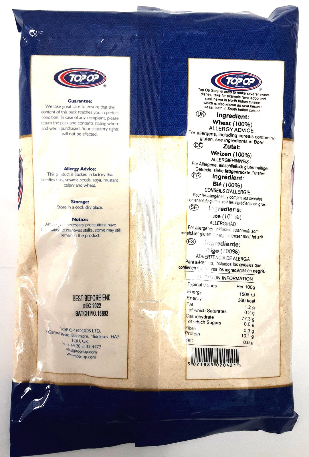 Top Op Semolina Sooji Unroasted 1kg