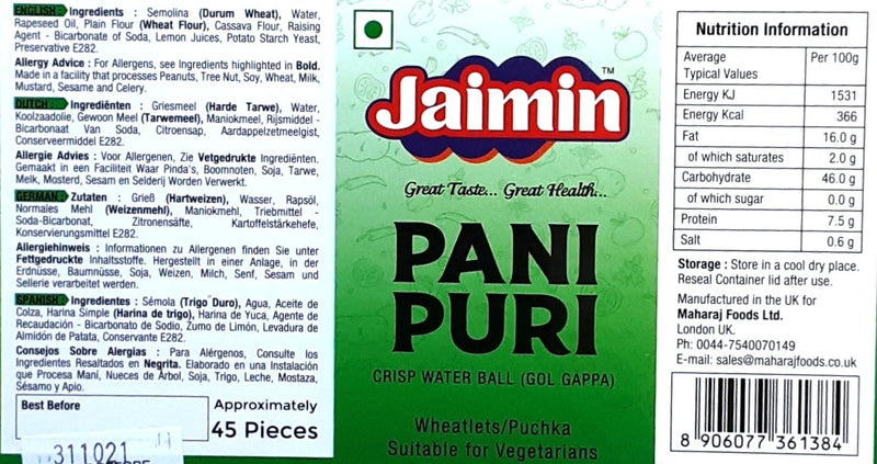 Jaimin Pani Puri Fresh 40-45 pcs Approx