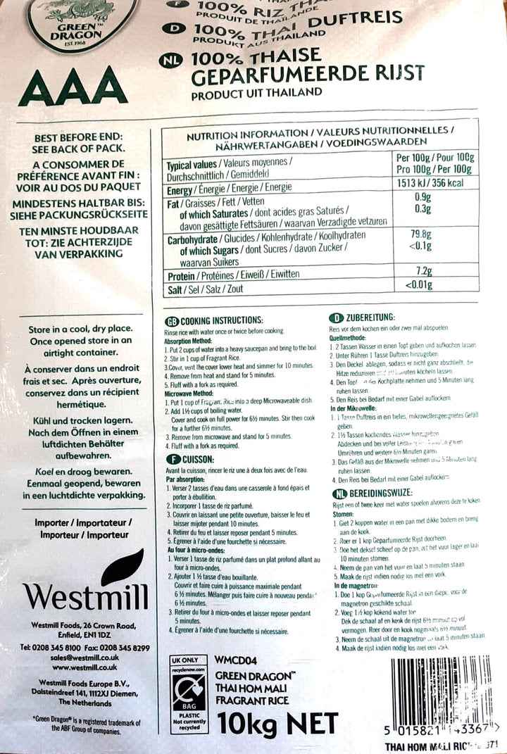 Green Dragon Rice AAA Thai Hom Mali Fragrant 10Kg - ExoticEstore