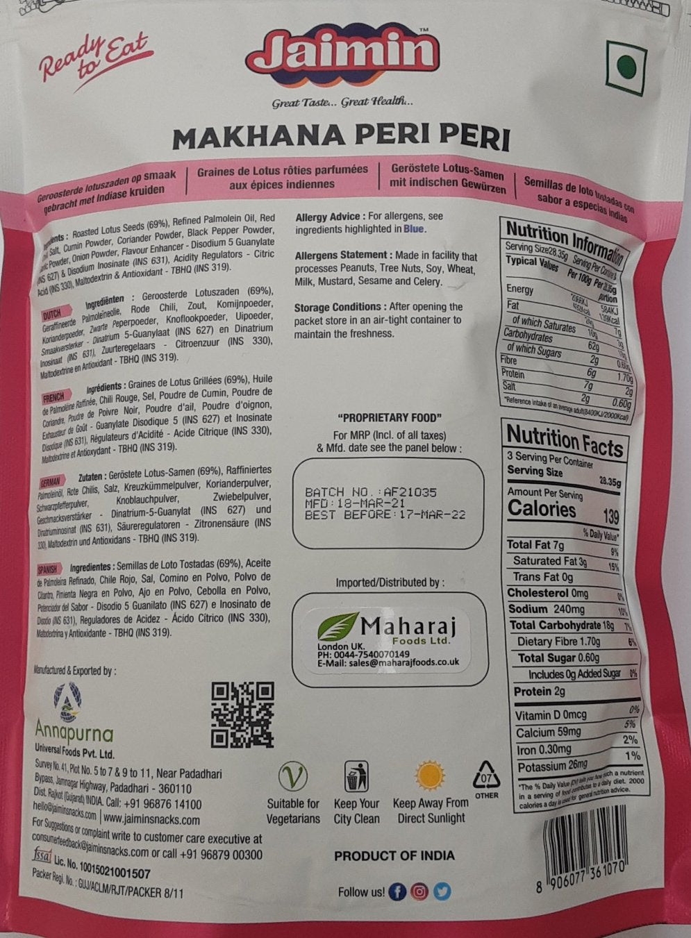 Jaimin Phool Makhana Peri Peri 80g - ExoticEstore