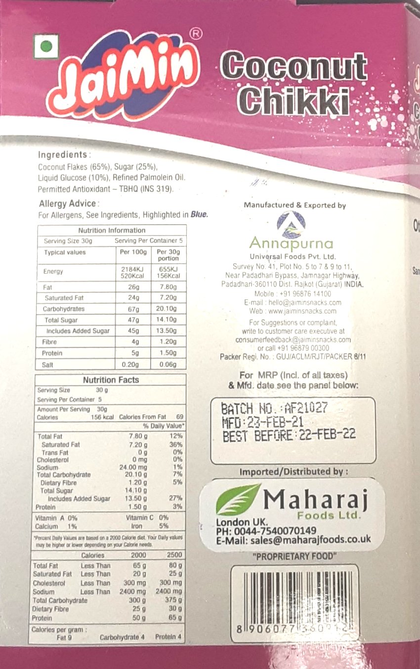 Jaimin Chikki Coconut 150g
