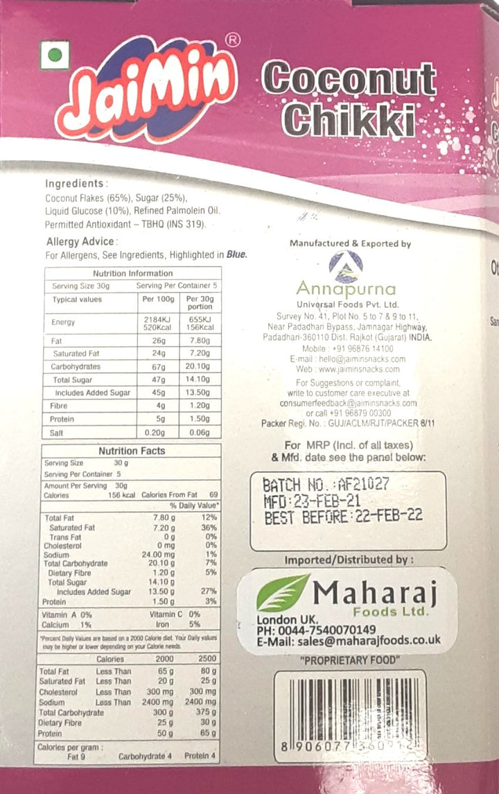 Jaimin Chikki Coconut 150g