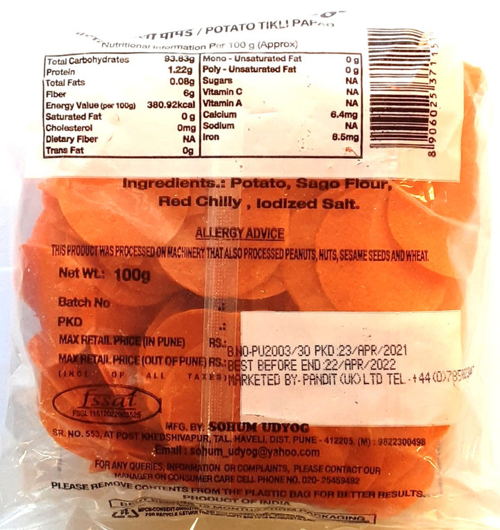 Sohum Udyog Potato Tikli Papad Red Chilli 100g - ExoticEstore