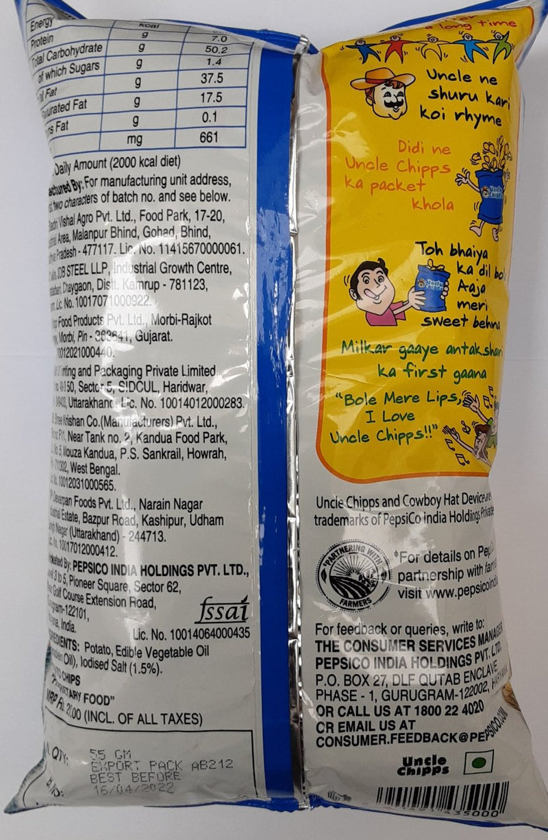 Uncle Chipps Plain Salted 55g 2 For £1.20