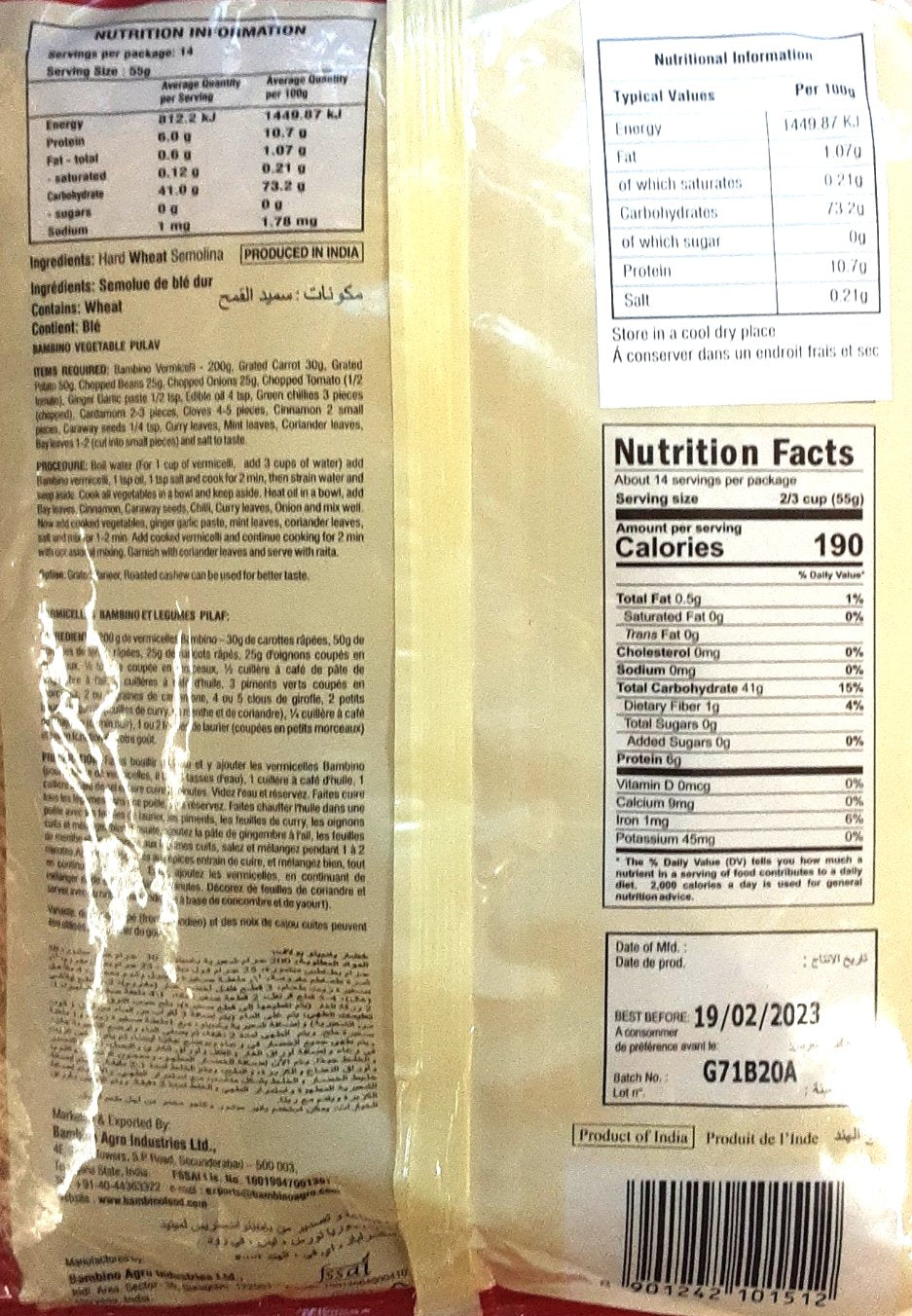 Bambino Vermicelli Unroasted 800g