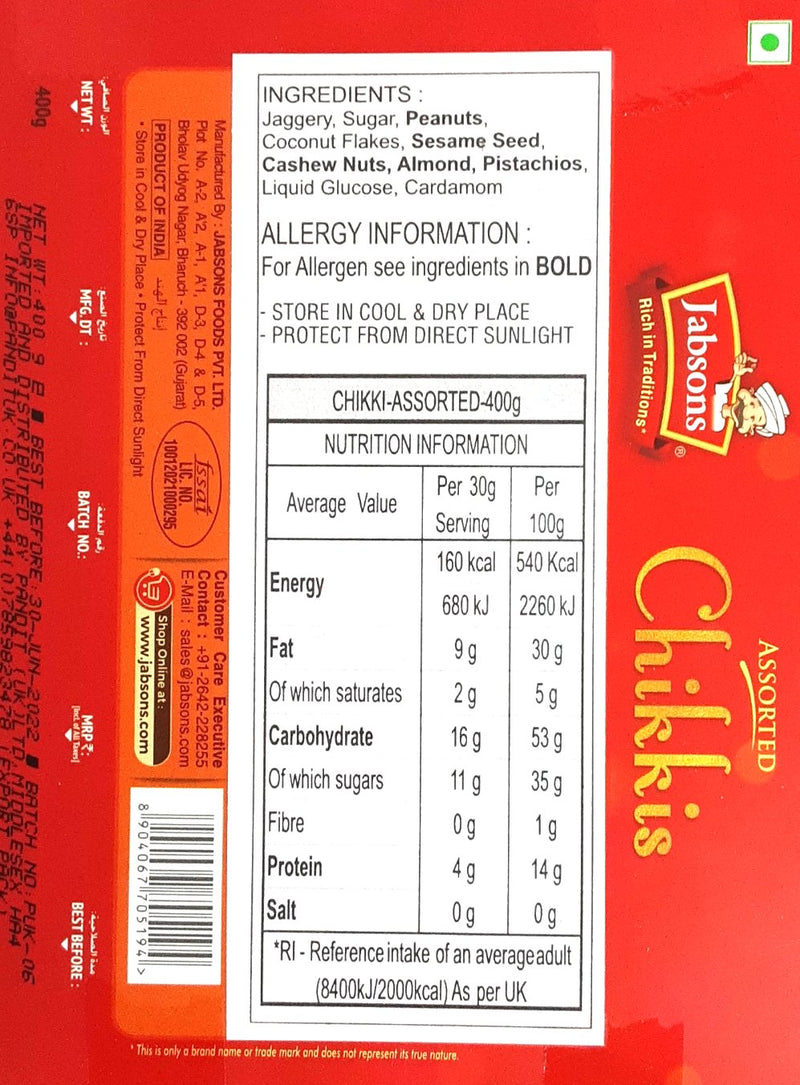 Jabsons Chikki Assorted 400g BBE 31/05/2025