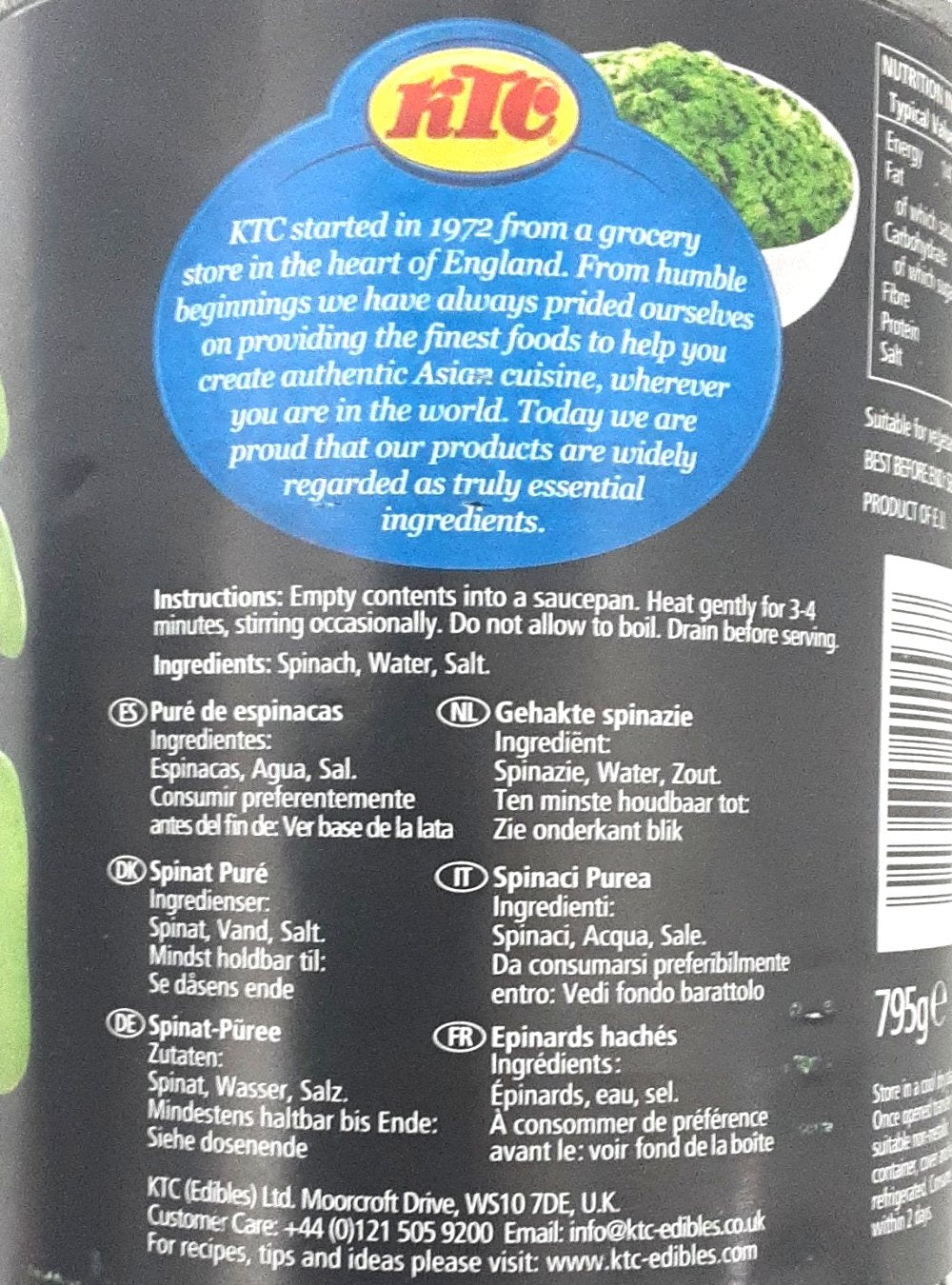 KTC Spinach Puree 795g