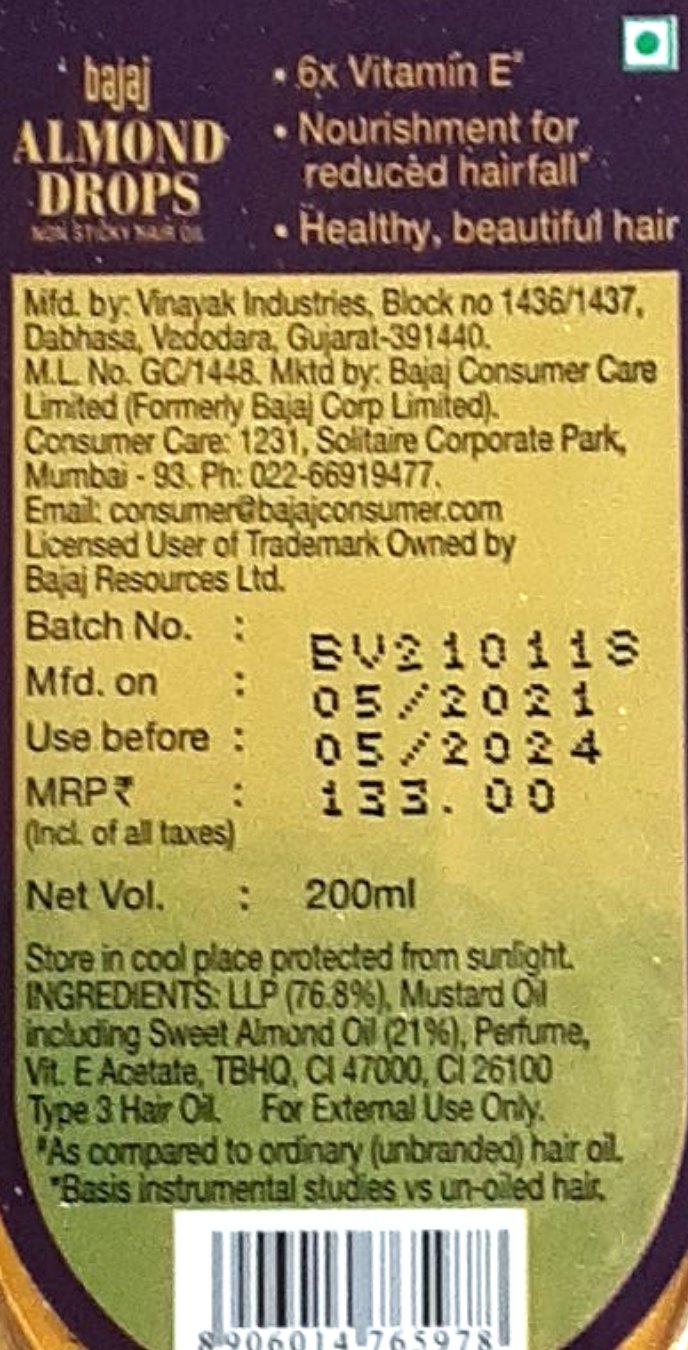 Bajaj Almond Drops Non Sticky Hair Oil 200ml