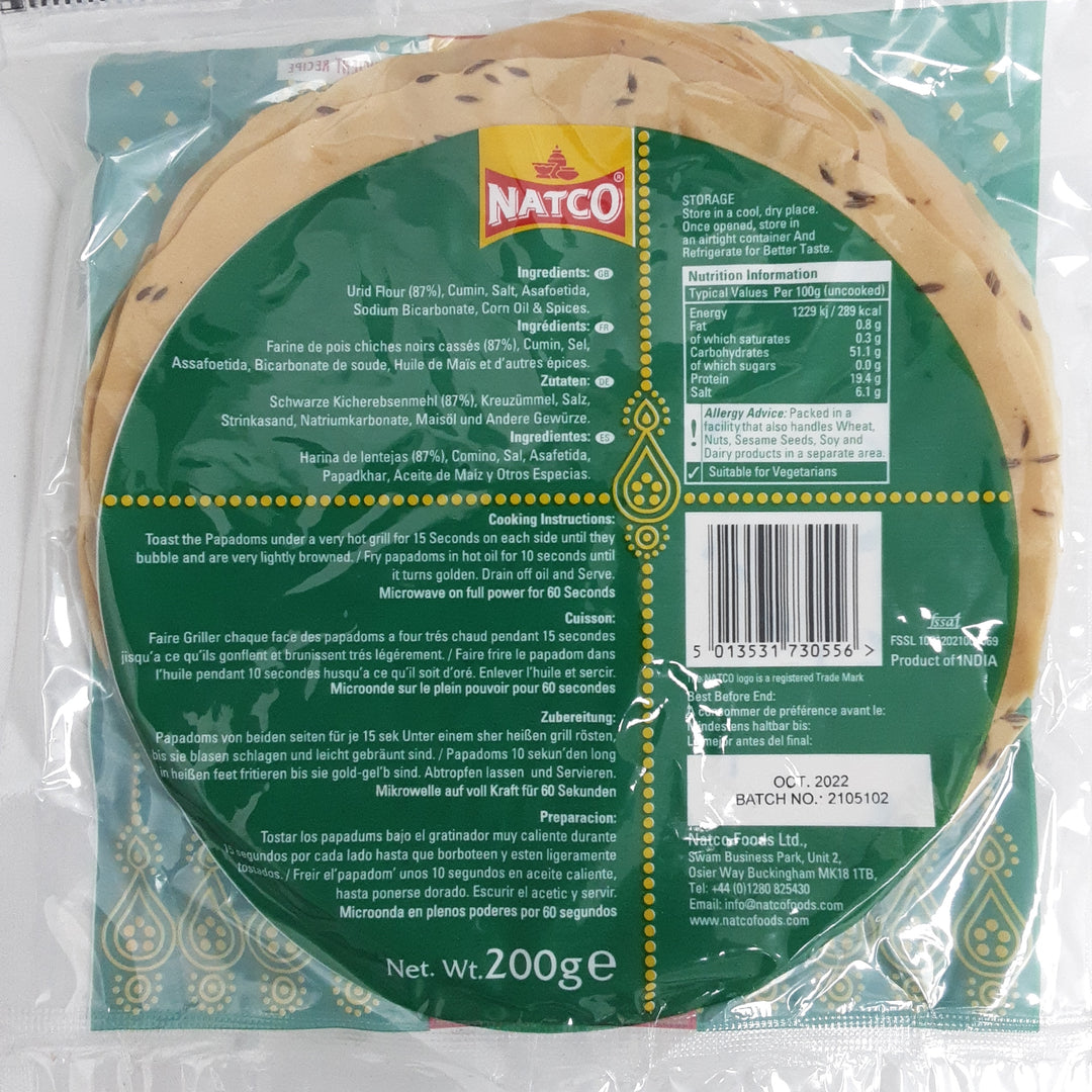 Natco Pappadums Jeera 200g BBE NOV/2025