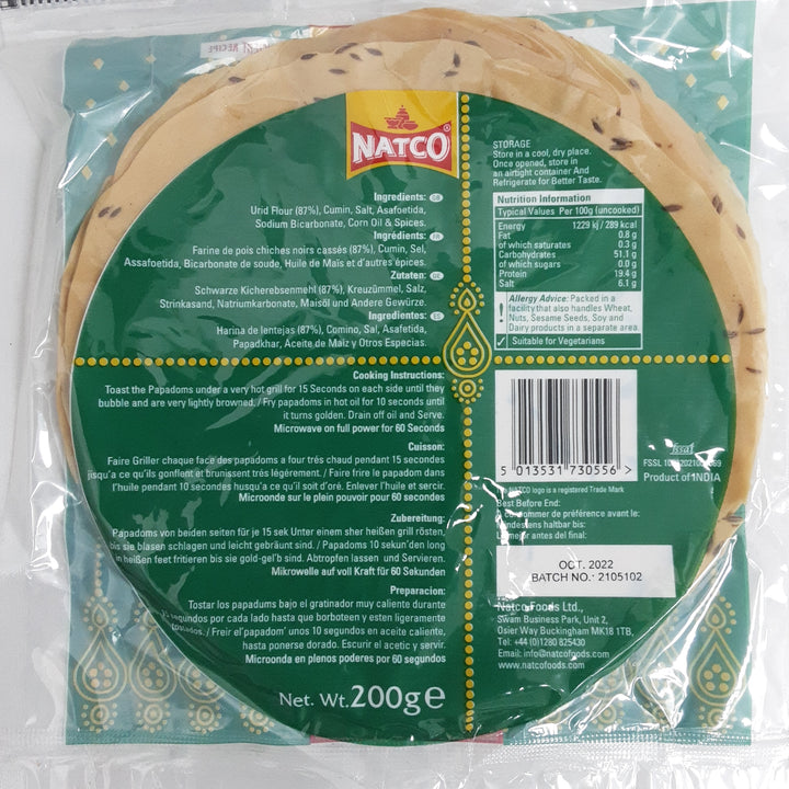 Natco Pappadums Jeera 200g BBE NOV/2025