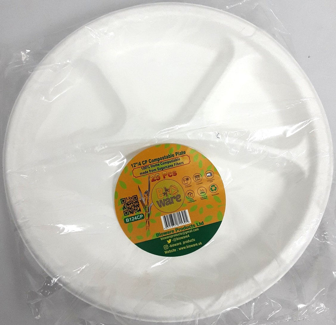 Bio Ware Compostable Plate Round 4 Section 25Pcs