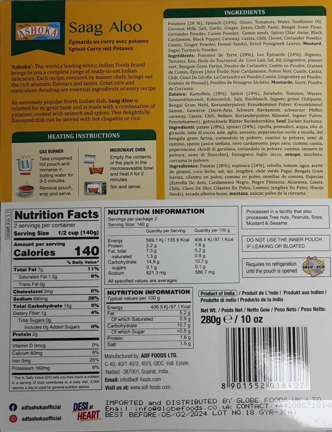 Ashoka Ready Meal Saag Aloo 280g