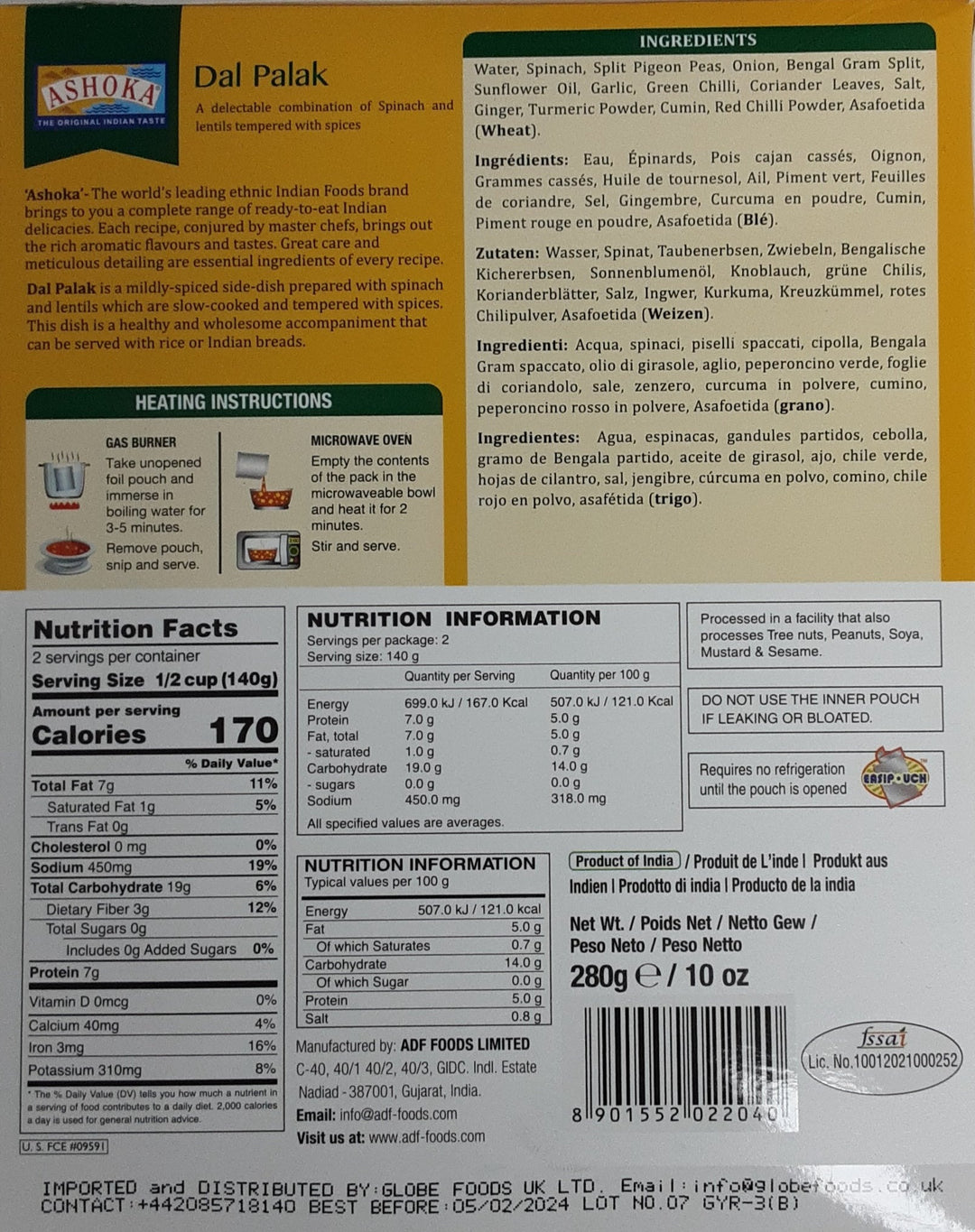 Ashoka Ready Meal Dal Palak 280g