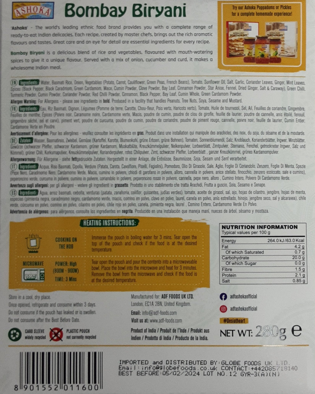 Ashoka Ready Meal Bombay Biryani 280g