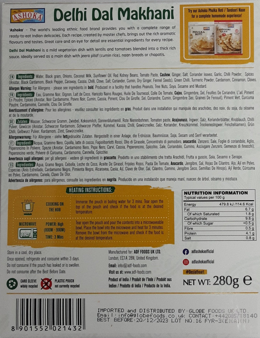 Ashoka Ready Meal Delhi Dal Makhnani 280g