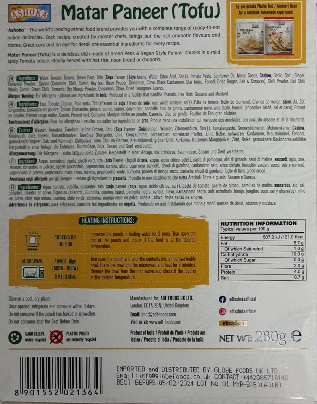 Ashoka Ready Meal Matar Paneer Tofu 280g