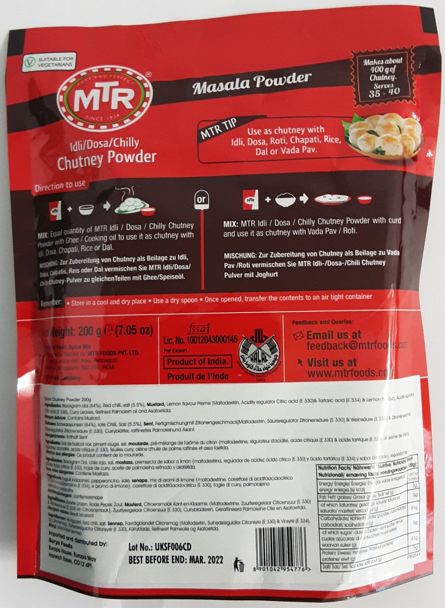 MTR Idli Dosa Chilly Chutney Powder 200g - ExoticEstore