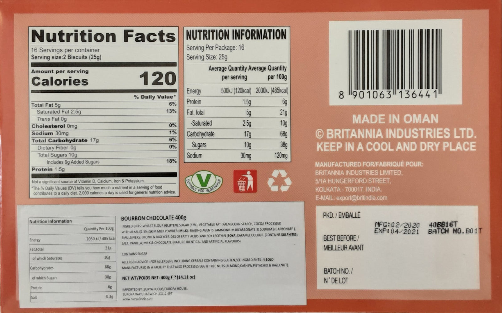 Britannia Bourbon Cholocate Flavoured Creme Biscuits 400g - ExoticEstore